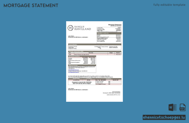 Liechtenstein Banque Havilland Hypothekenabrechnung Word- und PDF-Beispielvorschau